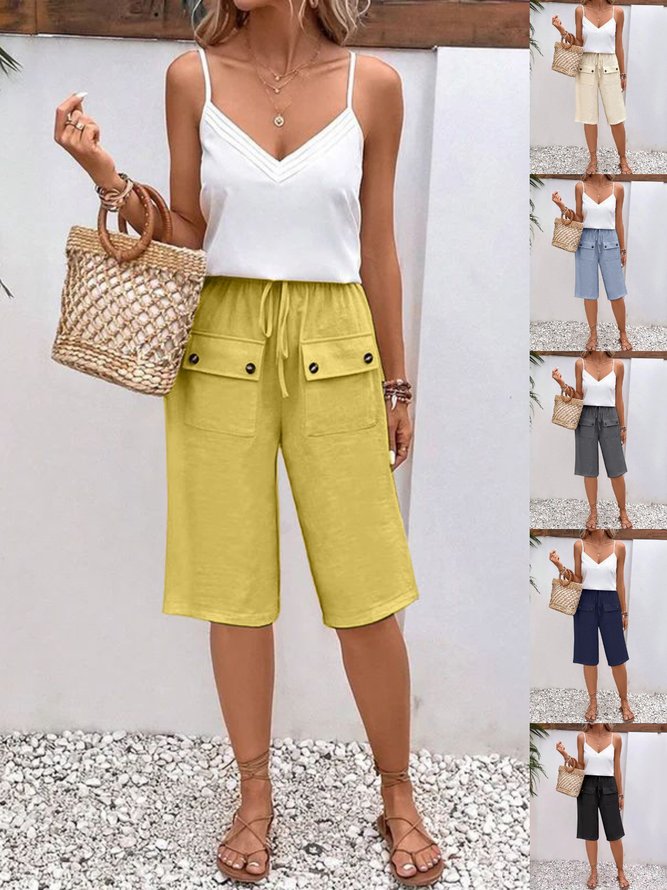 Women Street Plain Summer Natural Micro-Elasticity Going Out Loose H-Line Fifth Pants Pants
