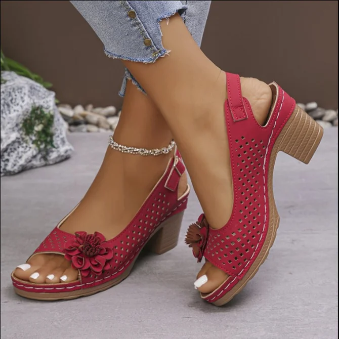 Women Vintage Plain Summer Daily Leather Leather Open-Top Rubber Adjustable Buckle Sandals