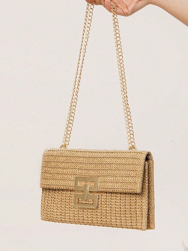 Color Block Vacation All Season Chain Buckle Daily Straw Canvas Shoulder Bags for Women Color Block Vacation All Season Chain Buckle Daily Straw Canvas Shoulder Bags for Women