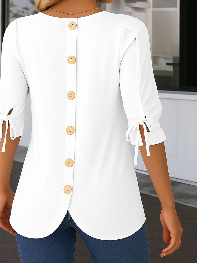 Women Casual Plain Summer Polyester Micro-Elasticity Half Sleeve Crew Neck H-Line Regular Shirts