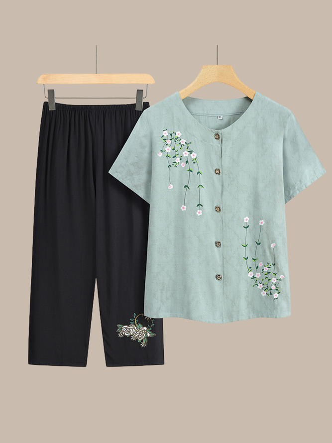 Women Linen Plain Summer Polyester Embossed Natural Crew Neck Top With Pants H-Line Two-Piece Sets