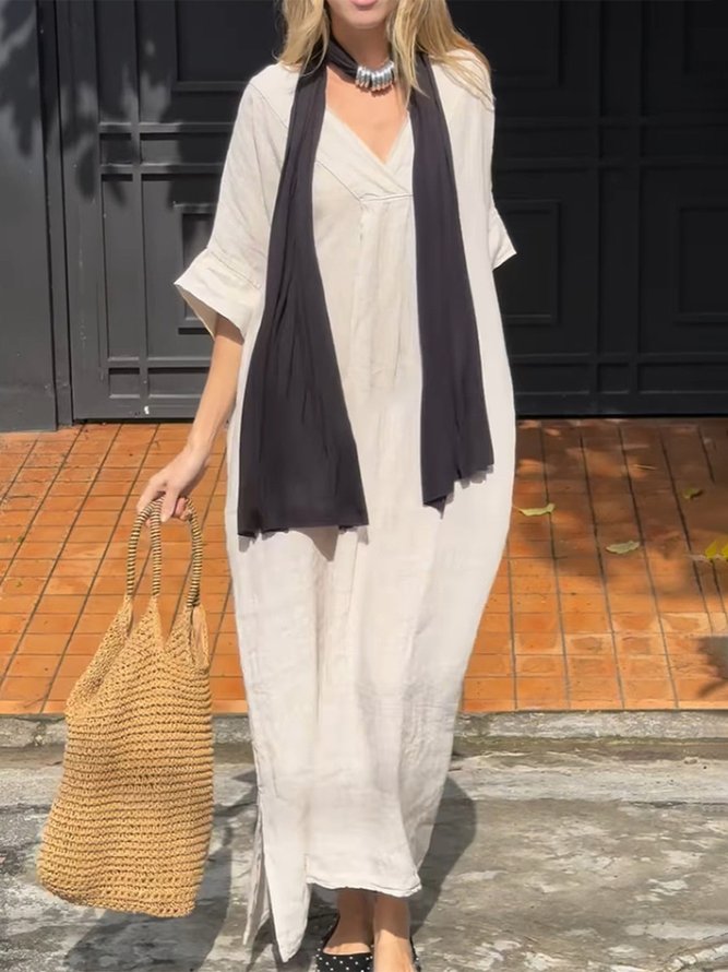 Casual Plain Summer Polyester V neck Natural Half Sleeve H-Line Shift Dress Dresses for Women
