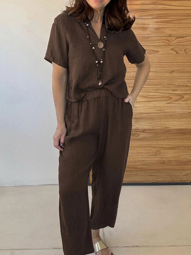 Casual Plain Summer V neck Daily Loose Mid Waist Pullover Short Sleeve Two-Piece Sets for Women