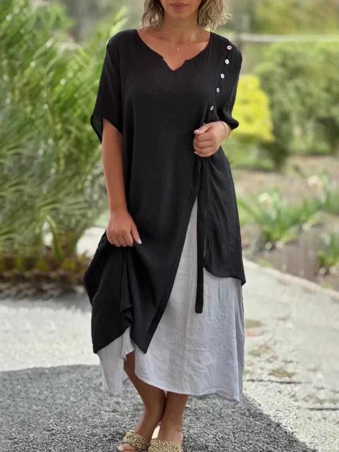 Women Casual Color Block Summer V neck No Elasticity Maxi Short Sleeve Mock Two-Piece No Dresses