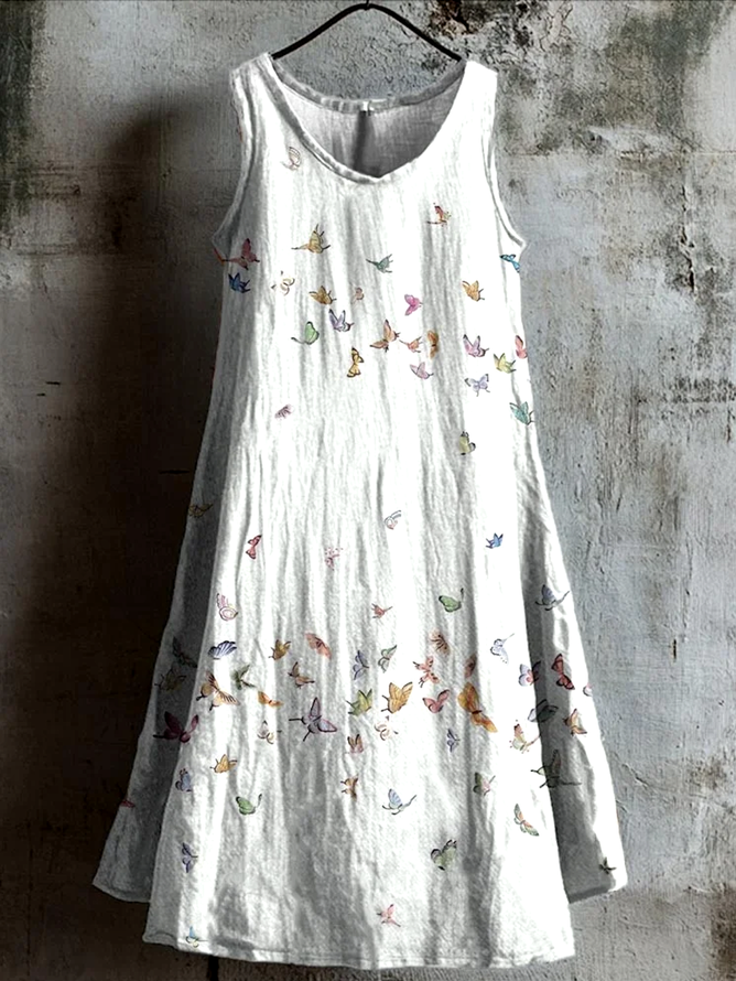 Women Casual Floral Summer Linen Micro-Elasticity Daily Sleeveless A-Line Regular Dresses