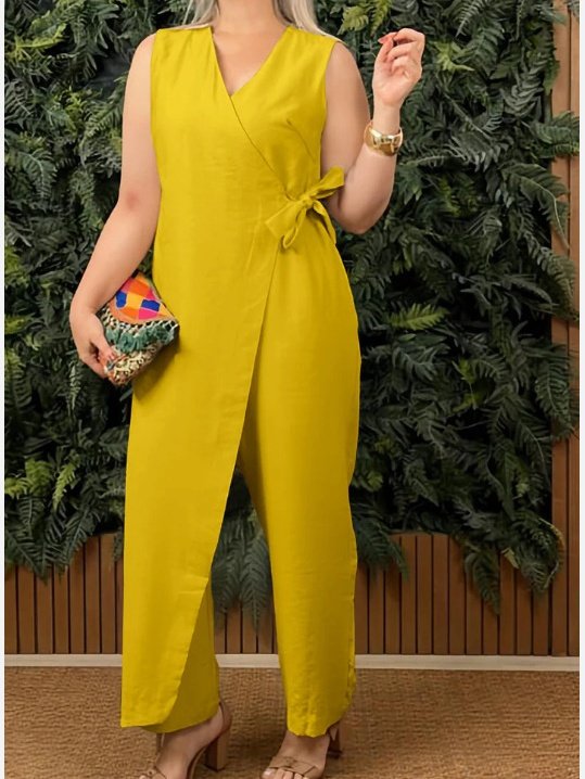 Casual Plain Summer V neck Split Joint Micro-Elasticity Commuting Long Regular Jumpsuits for Women