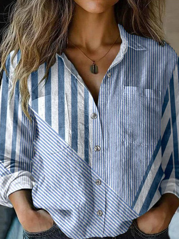 Women Striped Vintage Spring/Fall No Elasticity Daily Shawl Collar Regular H-Line Regular Shirts
