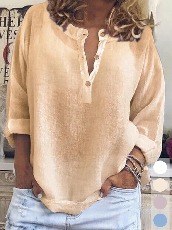 Women Vacation Plain Summer Cotton Regular Fit Regular H-Line Buckle Regular Shirts