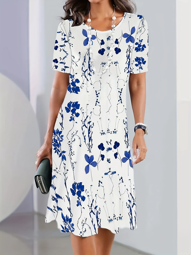 Women Vintage Floral Summer Micro-Elasticity Commuting Midi Short Sleeve H-Line Tunic Dresses