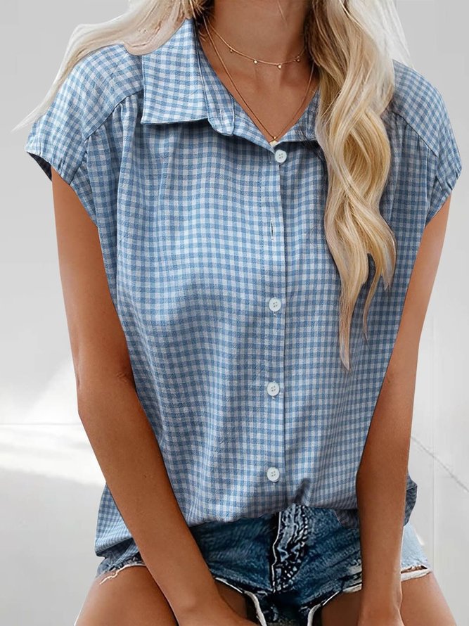 Vintage Summer Plaid Cotton Vacation Regular Fit Regular H-Line Shirt Collar Shirts for Women