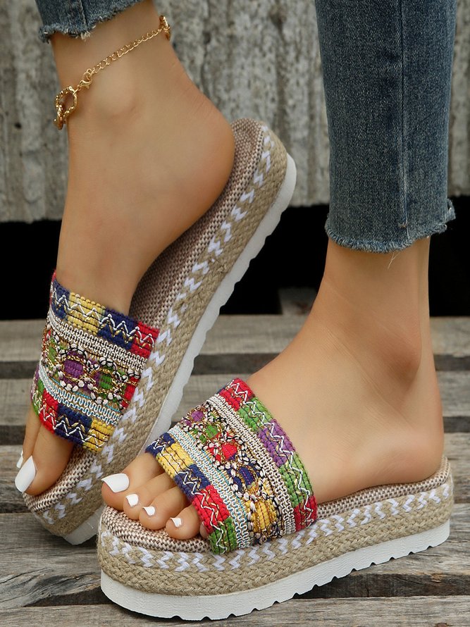 Women Plain Ethnic Summer Vacation Round Toe Fabric Fabric Slide Sandals Slip On Slide Sandals