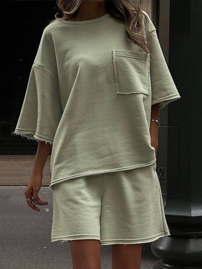 Casual Plain Summer Micro-Elasticity Loose Mid Waist Half Sleeve Regular Short Sets Two-Piece Sets for Women