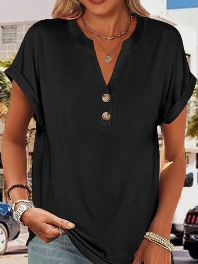 Women Casual Plain Summer Cotton V neck Micro-Elasticity Daily Regular Fit Regular T-shirts