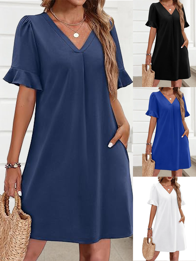 Women Casual Plain Summer Polyester Natural Regular Fit Midi Short Sleeve Regular Dresses