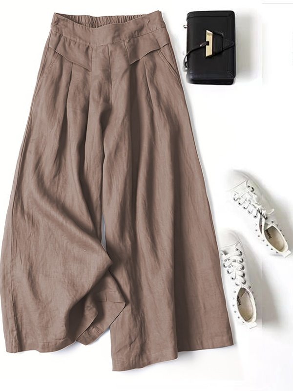 Street Plain Spring/Fall Linen Natural Elastic Waist Wide leg pants Long Regular Pants for Women