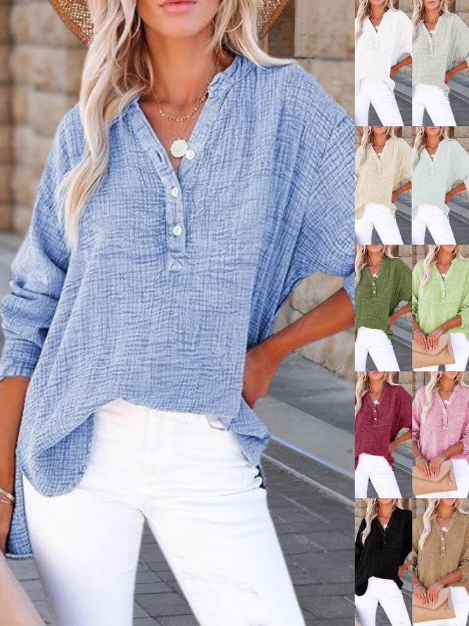 Women Semi Formal Plain Spring/Fall Cotton V neck Buckle Micro-Elasticity Loose Regular Shirts