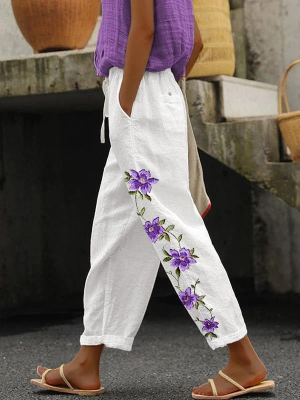 Casual Floral Spring/Fall Polyester Printing Daily Loose Long Regular Pants for Women