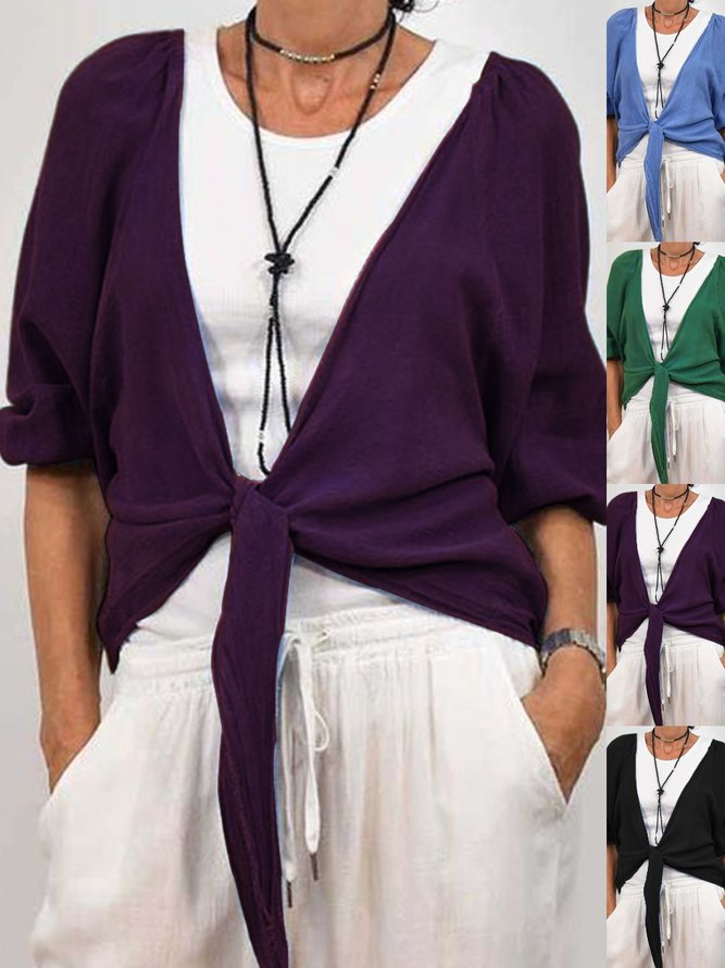 Elegant Plain Spring/Fall Natural Daily Lace-up Loose Regular A-Line Kimonos for Women