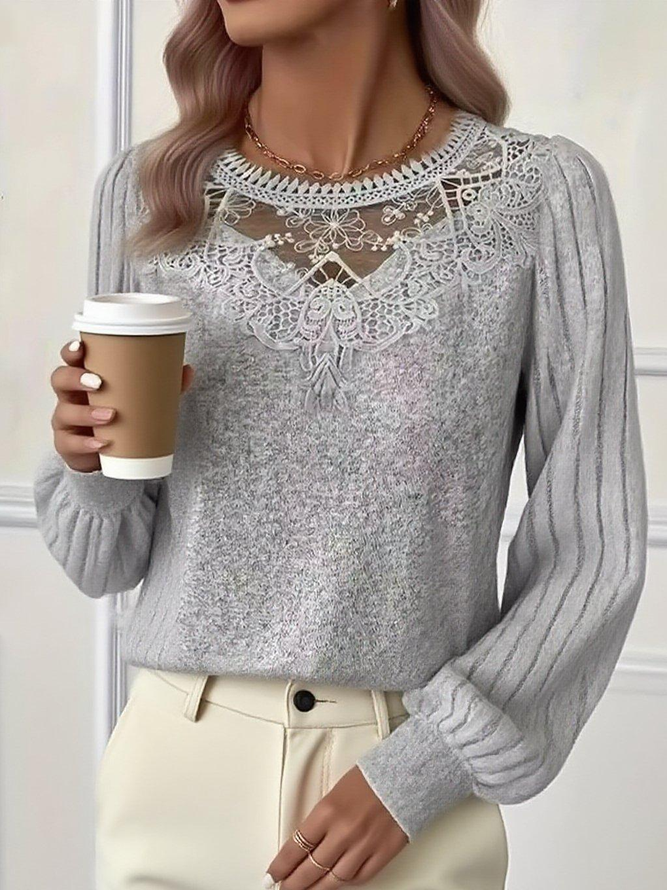 Sexy Plain Spring/Fall Micro-Elasticity Loose Long Sleeve Crew Neck H-Line Regular Knit Tops for Women