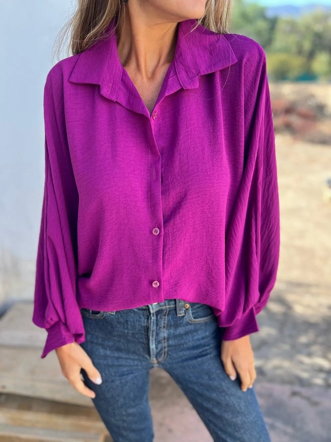 Women Dressy Plain Spring/Fall Buckle Micro-Elasticity Daily Long Sleeve Regular H-Line Shirts