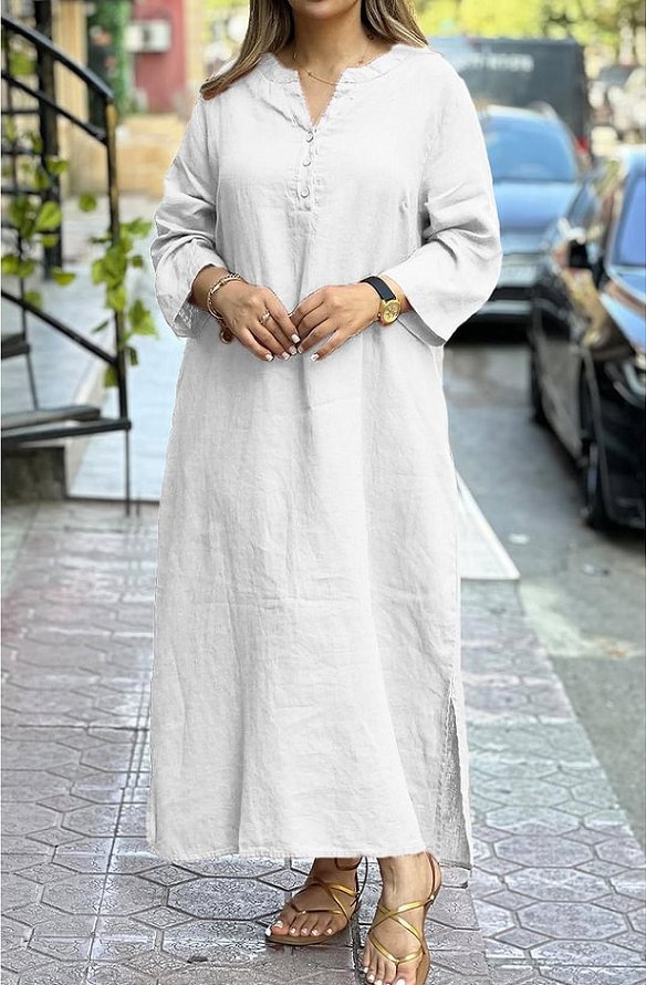 Women Casual Plain Spring/Fall V neck Natural Micro-Elasticity Regular Fit Long Sleeve A-Line Dresses