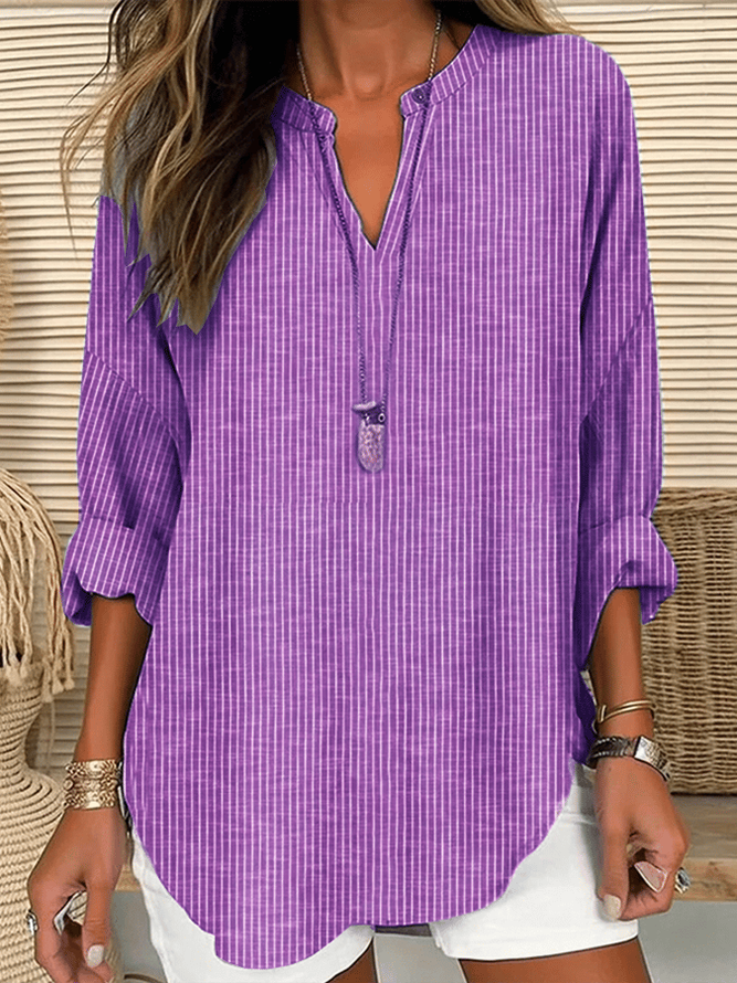 Women Striped Casual Spring/Fall V neck No Elasticity Loose Long Sleeve Cotton-Blend Regular Blouses
