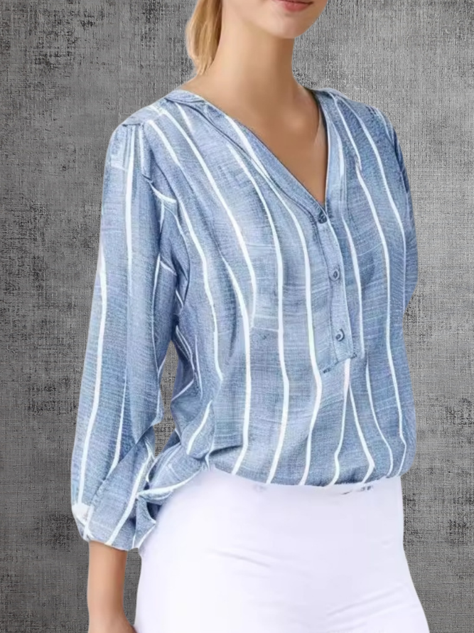 Women Striped Lady Romance Spring/Fall Pocket Stitching Long Sleeve Cotton-Blend Regular H-Line Regular Shirts