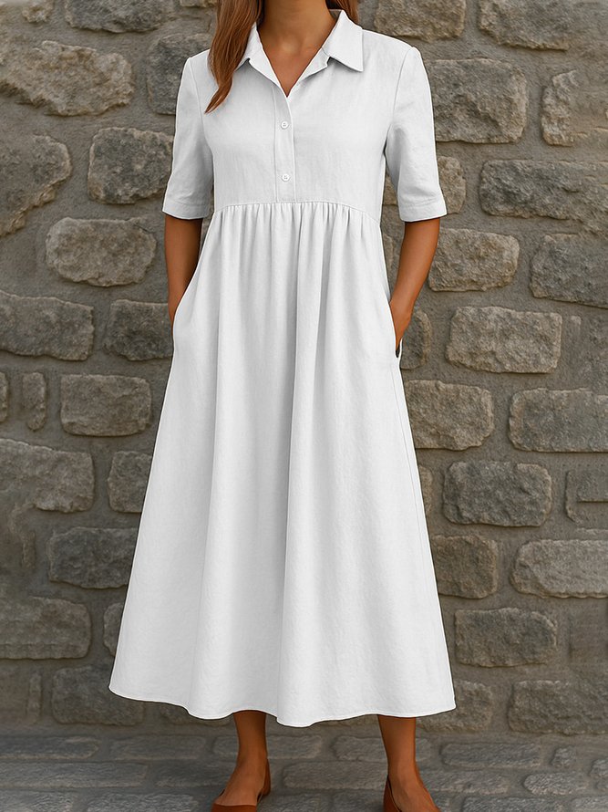 Women Casual Plain Summer Micro-Elasticity Daily Maxi Regular Shirt Collar No Dresses