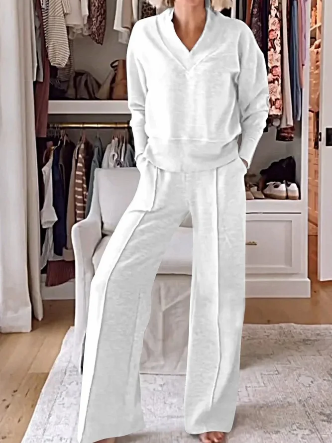 Women Simple Plain Spring/Fall Polyester V neck Split Joint Natural Commuting Regular Two-Piece Sets