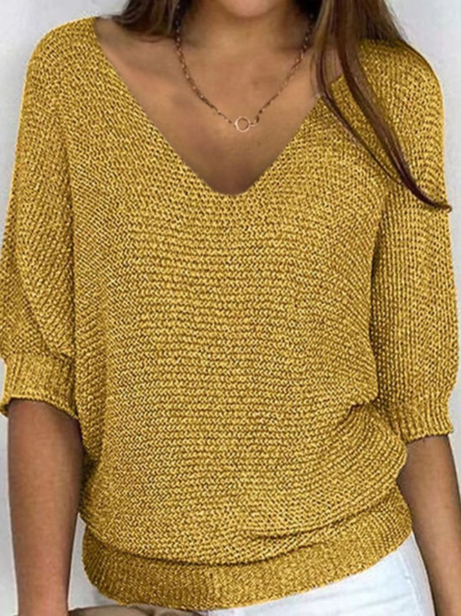 Women Casual Plain Spring/Fall Acrylic Micro-Elasticity Household Three Quarter Sleeve H-Line Regular Knit Tops