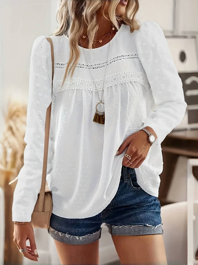 Women Casual Plain Spring/Fall Micro-Elasticity Daily Regular Fit Long Sleeve Crew Neck Regular T-shirts