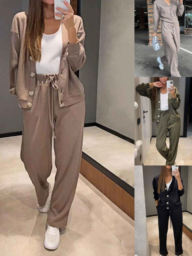 Women Elegant Plain Spring/Fall Cotton Adjustable Strap Natural Loose Crew Neck Top With Pants Two-Piece Sets