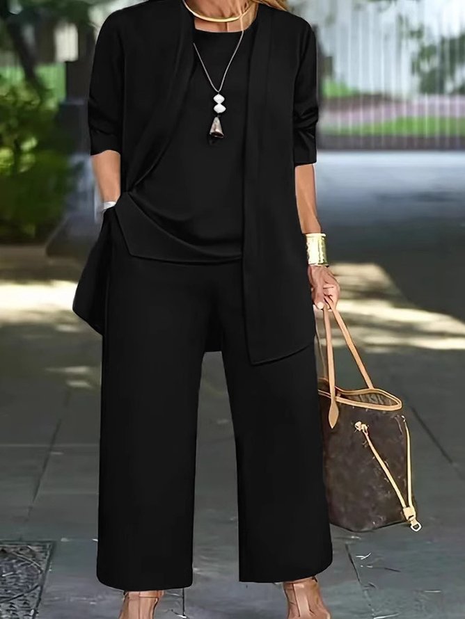 Women Morden Plain Spring/Fall Polyester Micro-Elasticity Loose Going Out Crew Neck Regular Matching Outfits