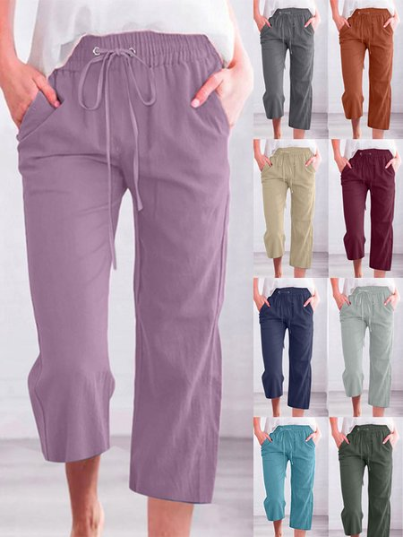 Women Casual Plain Summer Natural Commuting Regular Fit Capris H-Line Regular Pants