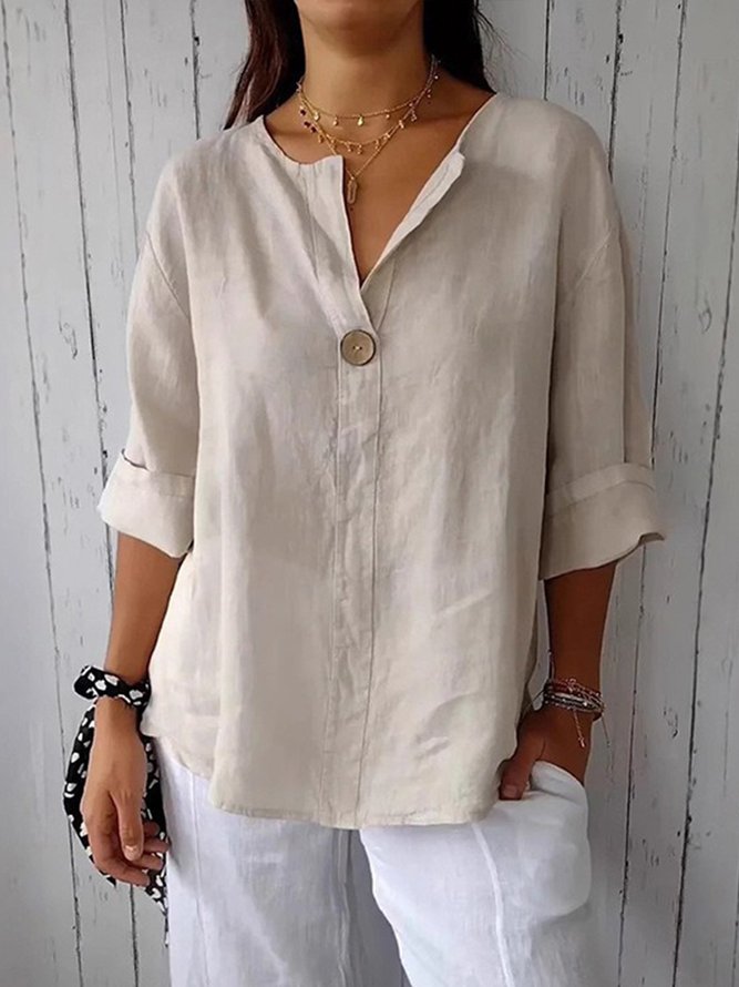 Women Casual Plain Spring/Fall V neck Buttoned Loose Three Quarter Sleeve Regular Regular Blouses Women Casual Plain Spring/Fall V neck Buttoned Loose Three Quarter Sleeve Regular Regular Blouses