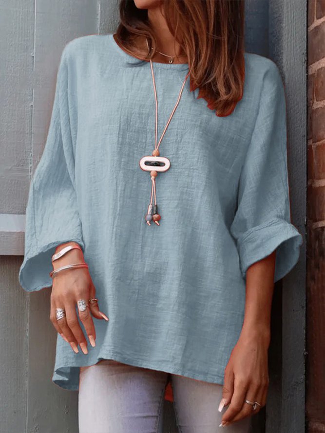 Casual Plain Spring/Fall Polyester No Elasticity Daily Long Sleeve Crew Neck Regular Blouses for Women
