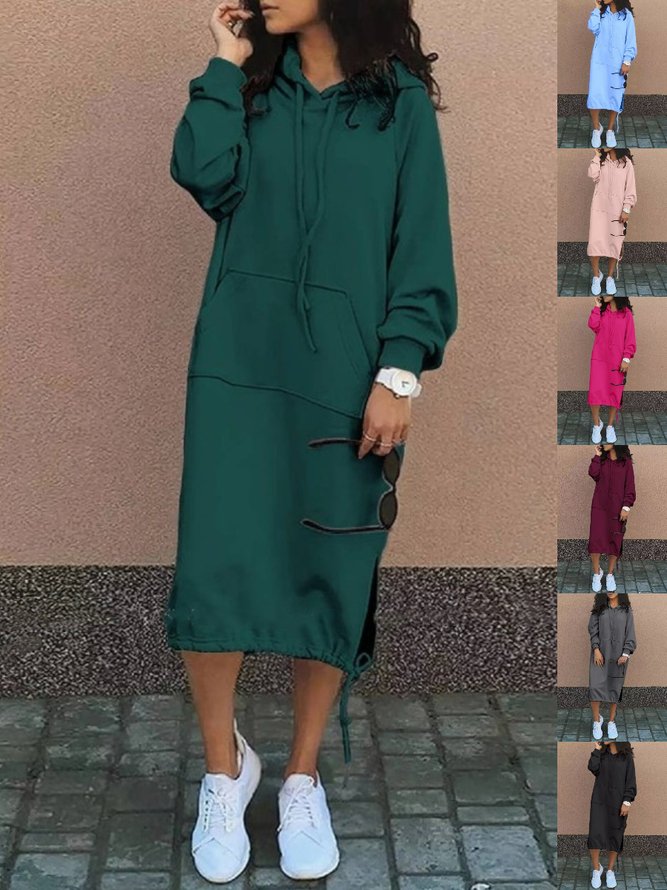 Urban Plain Spring/Fall Polyester Micro-Elasticity Maxi Long Sleeve A-Line Hooded Dresses for Women