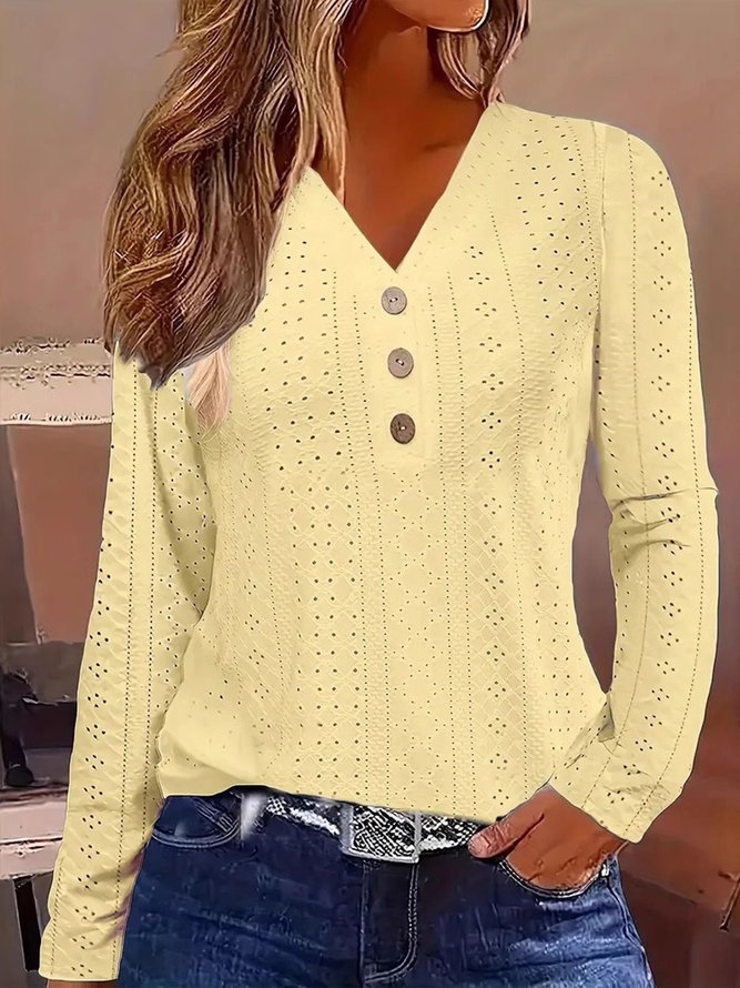 Casual Plain Spring/Fall Polyester V neck Loose Regular H-Line Regular Blouses for Women