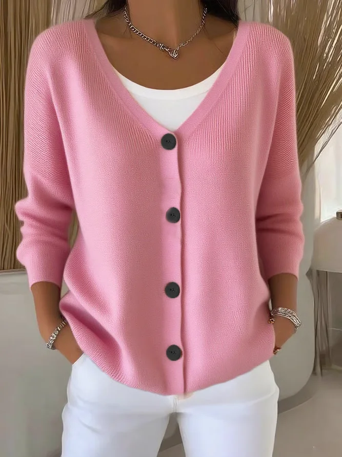 Women Casual Plain Spring/Fall V neck Micro-Elasticity Daily Loose Long Sleeve Regular Cardigans