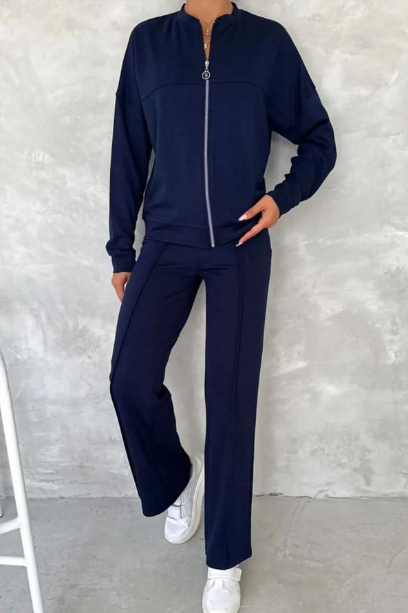 Casual Plain Spring/Fall Polyester Daily Regular Fit Top With Pants A-Line Regular Two-Piece Sets for Women
