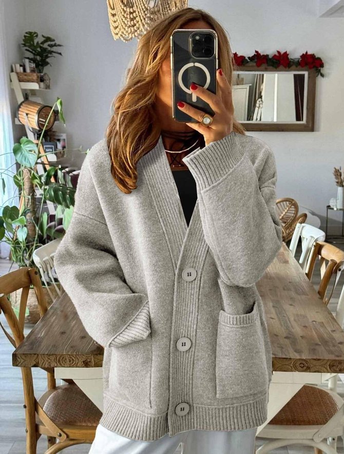 Women Casual Plain Winter Polyester V neck Commuting Loose Long Sleeve H-Line Cardigans