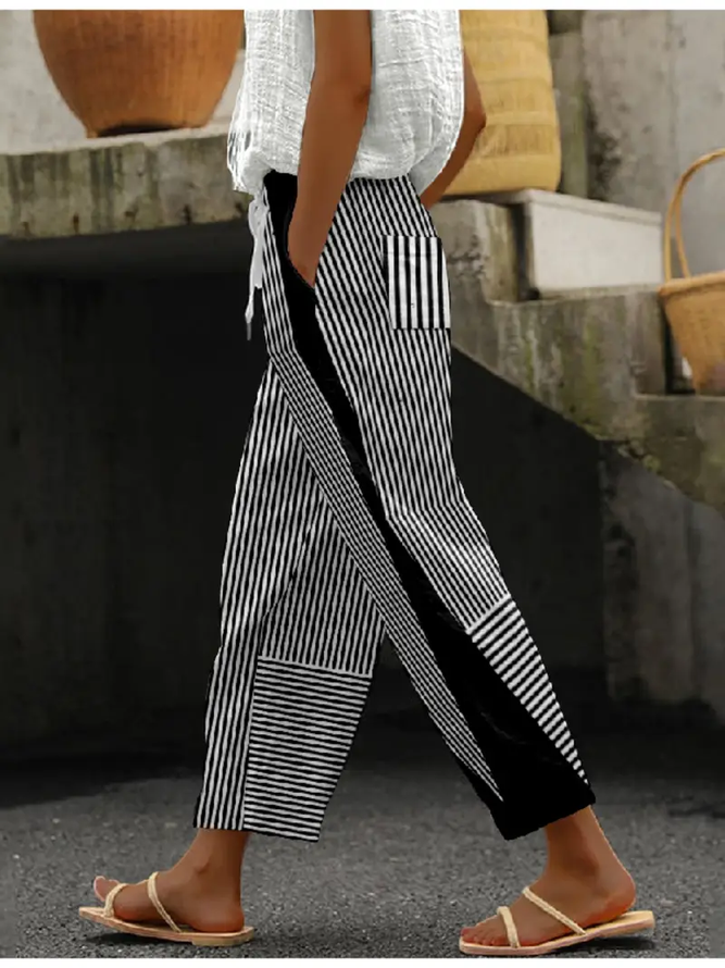 Women Striped Casual Spring/Fall Polyester Printing No Elasticity Daily Long Baggy Pants Pants