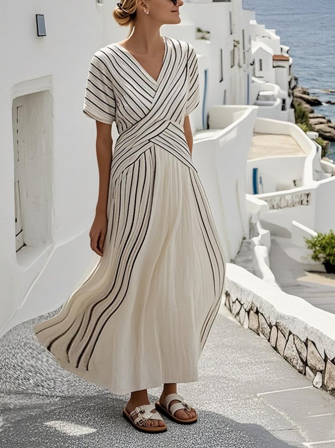 Women Striped Boho Summer V neck Micro-Elasticity Together Maxi Short Sleeve A-Line Dresses