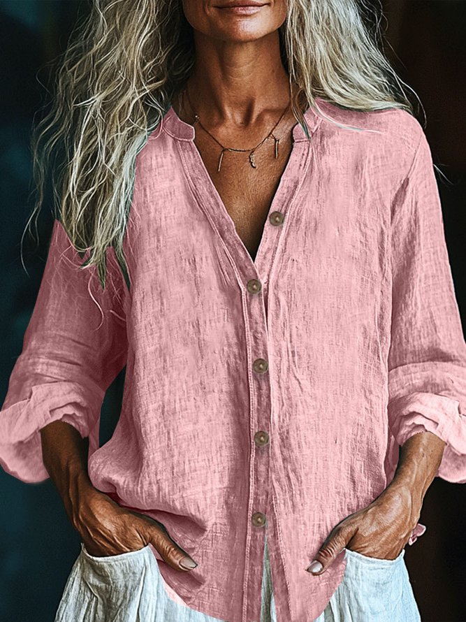Casual Plain Spring/Fall Polyester V neck No Elasticity Daily Long Sleeve Regular Shirts for Women