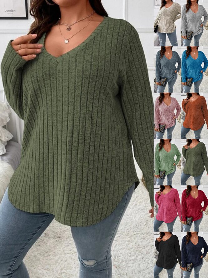 PlusSize Casual Plain Spring/Fall Polyester Micro-Elasticity Going Out Long Sleeve Regular H-Line T-shirts