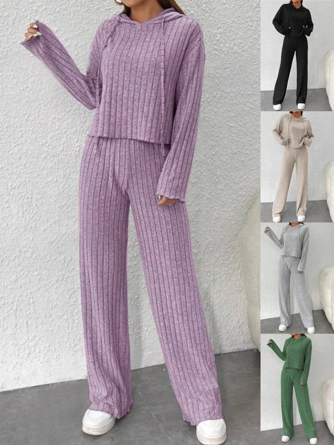 Women Simple Plain Spring/Fall Natural Micro-Elasticity Going Out Regular Fit Top With Pants Regular Two-Piece Sets