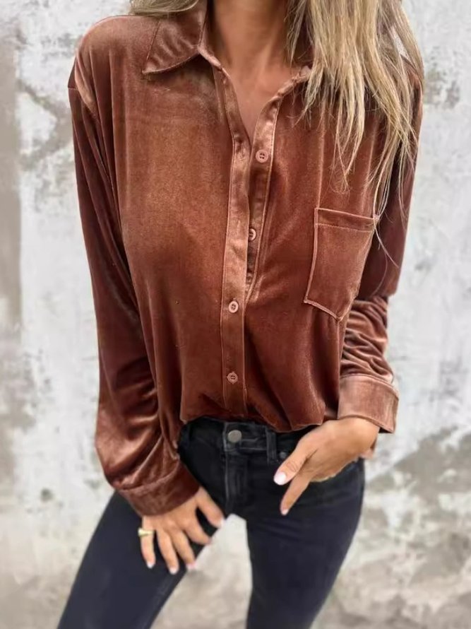 Casual Plain Spring/Fall Buckle Micro-Elasticity Going Out Loose Pleuche Regular Shirts for Women