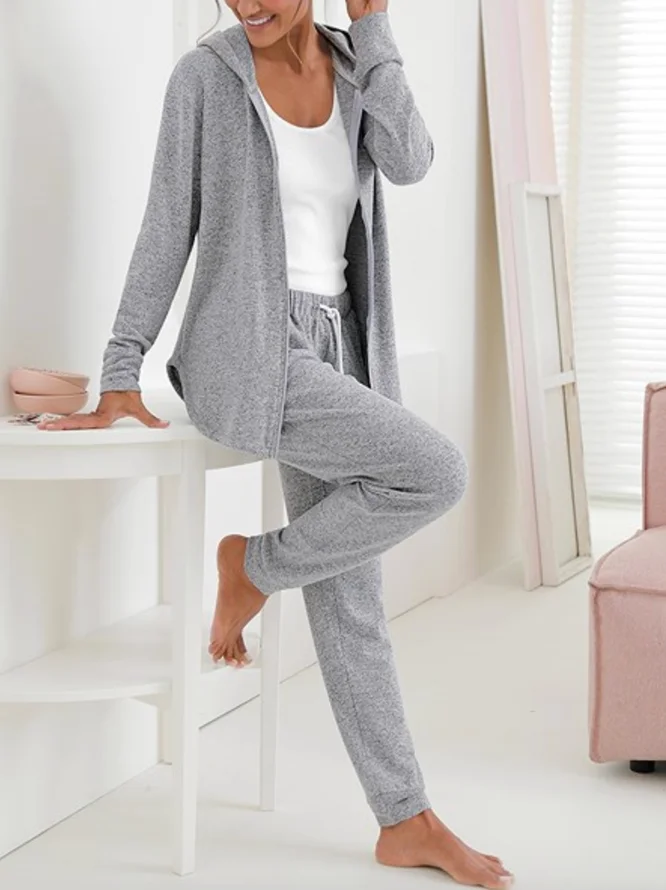 Women Casual Plain Spring/Fall Polyester Natural Daily Drawstring Long Sleeve NL Two-Piece Sets Women Casual Plain Spring/Fall Polyester Natural Daily Drawstring Long Sleeve NL Two-Piece Sets