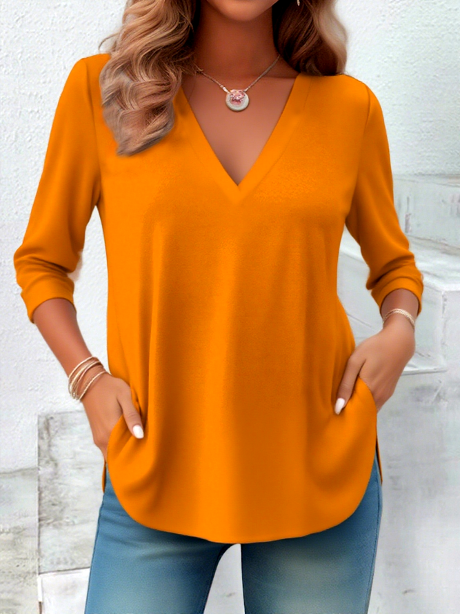 Casual Plain Spring/Fall Polyester V neck Micro-Elasticity Daily Regular Fit Long Sleeve T-shirts for Women