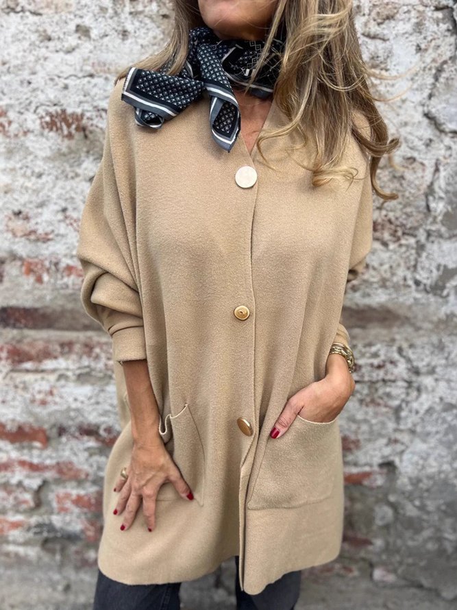 Women Casual Plain Spring/Fall Polyester Daily Loose Crew Neck H-Line Regular Cardigans